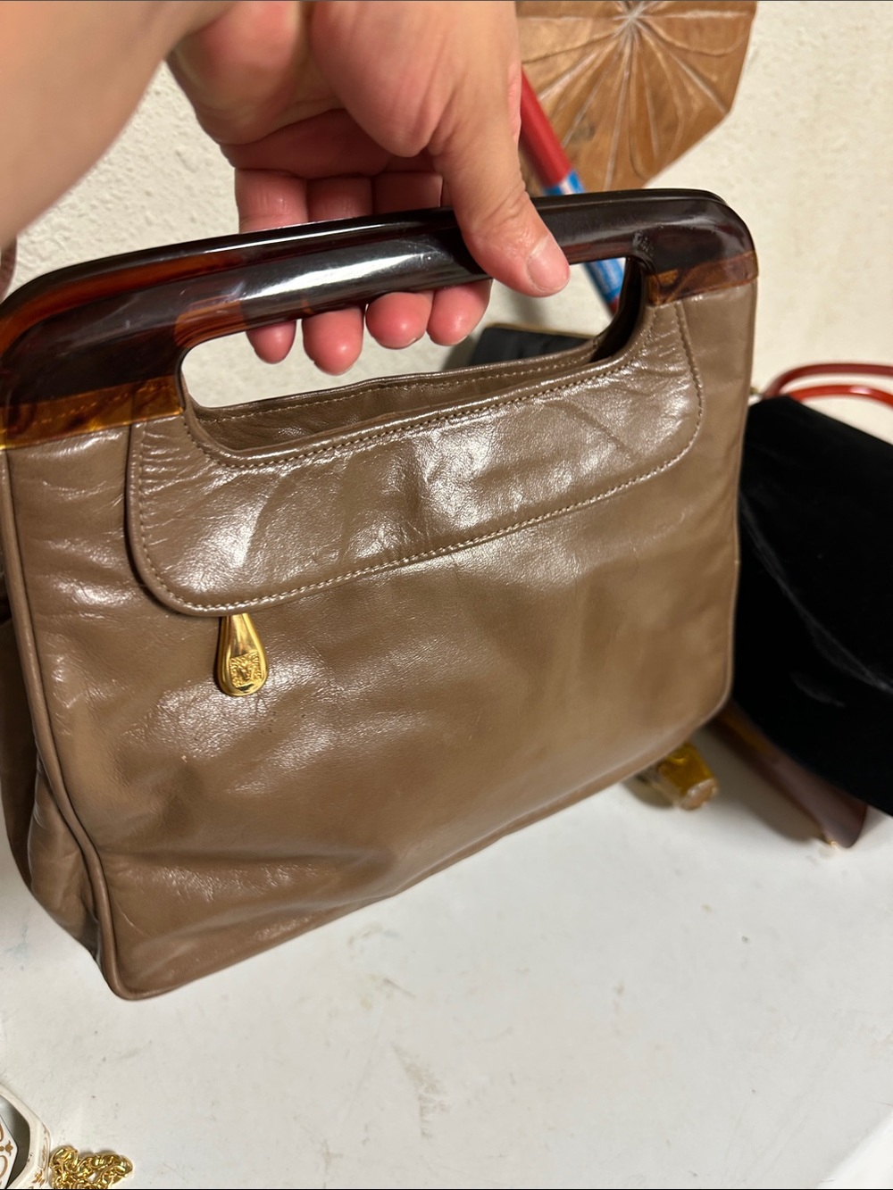 Anne Klein Brown Leather Top-Handle Shoulder Bag with Dark Tortoiseshell Accents - Picture 11 of 13